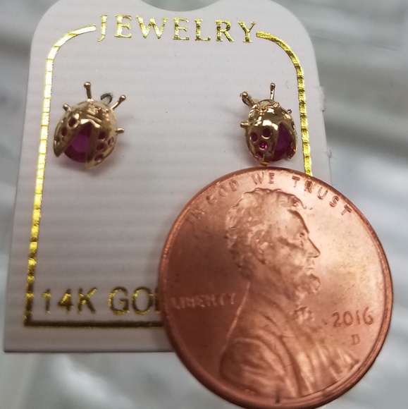 14k Yellow Gold Lady Bug Baby Girls Stud Earrings - Picture 5 of 8